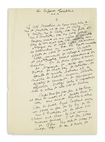 COCTEAU, JEAN. Autograph Manuscript Signed, fragmentary draft of Part One of his novel, Les Enfants Terribles, in French.